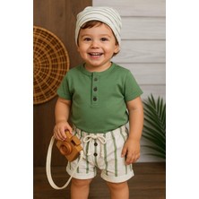 Dinamik çocuk Çizgili Şapkalı Düğme Detaylı Omuzdan Çıtçıtlı Yazlık Erkek Bebek Takımı