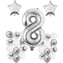 Yenibağ Store 8 Yaş Doğum Günü Kutlama Seti; Beyaz Gümüş Renkli Konfetili Balon ve Yıldız Folyo