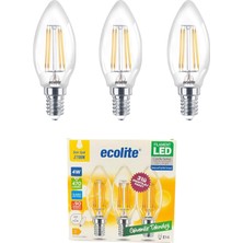 Mena Rise 4W LED Filament Mum Ampul, E14 Duy, 2700K Sarı Işık, 470 Lümen, Şeffaf Cam, Akkor Görünümlü Dekoratif Lamba, 3'lü Paket