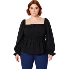 Ersefa Kadın Dokuma Bluz Lacivert Kare Yaka Büzgülü Kol Crop Boy A Line Siluet Feminine Şıklık Ilkbahar