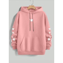 Punix Punıx Büyük Beden Özel Tasarım Kapüşonlu Minimal Kelebekler Baskılı %100 Pamuk Oversize Kadın Sweatshırt
