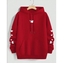 Punix Punıx Büyük Beden Özel Tasarım Kapüşonlu Minimal Kelebekler Baskılı %100 Pamuk Oversize Kadın Sweatshırt
