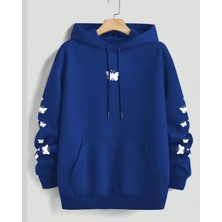 Punix Punıx Büyük Beden Özel Tasarım Kapüşonlu Minimal Kelebekler Baskılı %100 Pamuk Oversize Kadın Sweatshırt