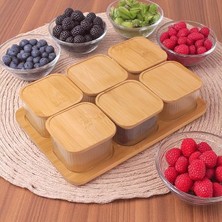 Misda Store 6'lı Bambu Kapaklı Cam Kahvaltılık ve Kuruyemişlik, 13 Parça Tepsili Çerezlik Seti, Vakumlu Kapak (28CM-19CM-8CM)