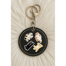 Nurdic Unisex Erkek/kadın Deri Anahtarlık Esprili Baskılı Kancalı Siyah Renk: Cute Cat