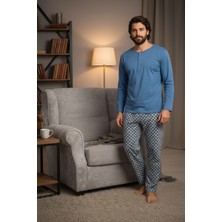 Bravie %100 Pamuk Yakası Düğmeli Penye Erkek Pijama Takımı 9703 Mavi
