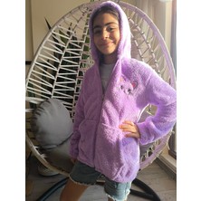 Şimo Butikkız Çocuk Peluş Polar Hırka Kapşonlu Fermuarlı Cepli Pembe Beyaz Siyah Mor Gül Kurusu !!!dar Kalıp