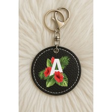 Nurdic Unisex Erkek/kadın Deri Anahtarlık Esprili Baskılı Kancalı Siyah Renk: Botanik A Harfi