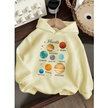 Punix Kids Punıx Kıds Özel Üretim Planets Baskılı Kapüşonlu %100 Pamuk Cepsiz Oversize Kız Çocuk Seatshırt