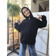 Şimo Butikkız Erkek Çocuk Unisex Kapüşonlu Fermuarlı Şardonlu Cepli Rahat % 100 Pamuklu Sweatshirt Hırka Siyah