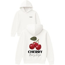 Vsrn Cherry Berry Days Tasarım Baskılı Oversize Beyaz Kapüşonlu Sweatshirt