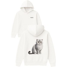 Vsrn Tatlı Kedi British Tasarım Baskılı Oversize Beyaz Kapüşonlu Sweatshirt