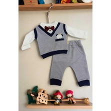Dinamik çocuk Erkek Bebek Süveterli Papyonlu Ayıcık Nakışlı 2li Bebek Takımı 3-6AYLIK Bayramlık Hediyelik Düğün