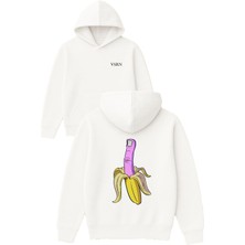 Vsrn Muz Parmak Tasarım Baskılı Oversize Beyaz Kapüşonlu Sweatshirt