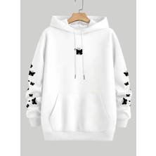 Punix Punıx Büyük Beden Özel Tasarım Kapüşonlu Minimal Kelebekler Baskılı %100 Pamuk Oversize Kadın Sweatshırt