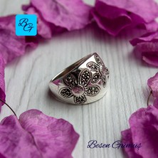 Besen Gümüş Düz Çiçek Motifli Markazit Taşlı Yüzük