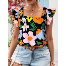 Etiler Collection Kadın Kısa Fırfır Kollu Kare Yaka Çiçek Desenli Ithal Keten Bluz