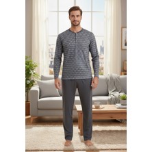 Bravie %100 Pamuk Yakası Düğmeli Penye Erkek Pijama Takımı 9702 Füme