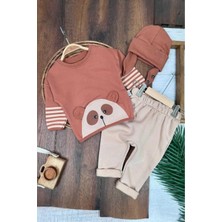 Dinamik çocuk Ayıcık Baskılı Mevsimlik Şeritli Kol Detaylı Kulaklı Bere Oversize 3lü Erkek Bebek Takım Aylık