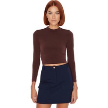 Ersefa Stil Kadın Fitted Vücuda Oturan Kol Büzgülü Esnek Bluz Crop Örme Slim Kalıp