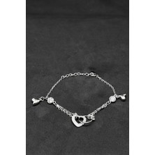 Oya Silver Kalp ve Tektaş Yüzük Figürlü Kadın Gümüş Zincir Bileklik