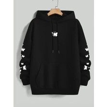 Punix Punıx Büyük Beden Özel Tasarım Kapüşonlu Minimal Kelebekler Baskılı %100 Pamuk Oversize Kadın Sweatshırt