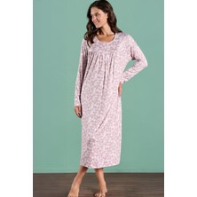 Pijadore Kadın Uzun Kollu Düğmeli Yaka Çiçek Desenli Pembe Renk Uzun Gecelik C8T8N91