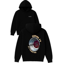 Vsrn Spın It Burn It Tasarım Baskılı Oversize Siyah Kapüşonlu Sweatshirt