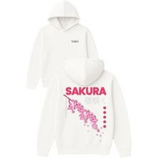 Vsrn Sakura Pembe Tasarım Baskılı Oversize Beyaz Kapüşonlu Sweatshirt