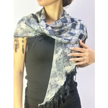 Gönülden Tasarım Çift Taraflı Desenli Çiçekli Ekose Füme Kadın Fular 150X45 cm
