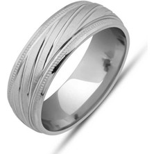 Gumush Gümüş Kalemli Çizgi Desenli Rodyum Alyans