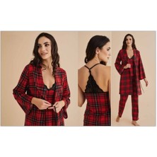 Alissa Kadın Kırmızı-Siyah Penye Ekoseli Sabahlıklı Pijama Takımı W4.1.2.1dkukchss
