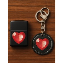 Nurdic Desenli Baskılı Benzinli Metal Çakmak ve Premium Deri Anahtarlık Seti Kristal Kalp