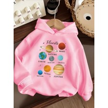 Punix Kids Punıx Kıds Özel Üretim Planets Baskılı Kapüşonlu %100 Pamuk Cepsiz Oversize Kız Çocuk Seatshırt
