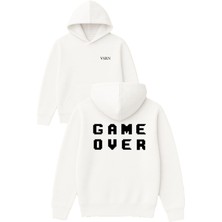 Vsrn Gameover Yazı Tasarım Baskılı Oversize Beyaz Kapüşonlu Sweatshirt