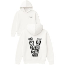 Vsrn Venice 1 Tasarım Baskılı Oversize Beyaz Kapüşonlu Sweatshirt