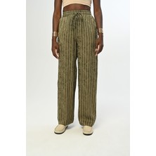 Orfeonegro Kadın Beli Lastikli Bol Paça Çizgili Desenli Haki Renk Pantolon