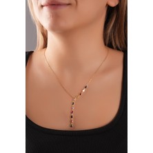 Sunshine 925 Ayar Gümüş Kolye, Gold Kaplamalı Renkli Damla Taşlı V Model Kolye