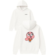 Vsrn Mutlu Tavsan Tasarım Baskılı Oversize Beyaz Kapüşonlu Sweatshirt