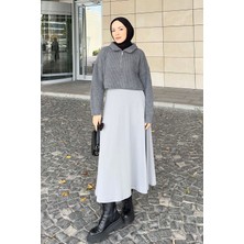 Lamelif Yaka Fermuarlı Crop Triko Kazak Gri