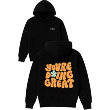 Vsrn Youre Doıng Tasarım Baskılı Oversize Siyah Kapüşonlu Sweatshirt