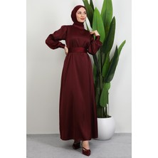 Giza Store Kemerli Saten Elbise Koyu Bordo