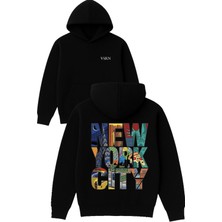 Vsrn New York Cıty Tasarım Baskılı Oversize Siyah Kapüşonlu Sweatshirt