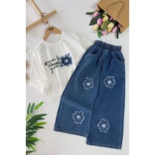 Miniğimin Cicileri Papatya Yama Detaylı Kız Çocuk Bol Pantolonlu takım - Mavi