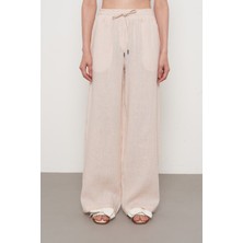 Orfeonegro Kadın %100 Keten Bol Paça Düz Renk Pantolon