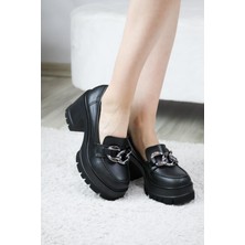 Asmi Shoes Kadın Kalın  Toka 8 cm  Platformlu Loafer Ayakkabı  Siyah Cilt