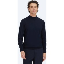 Kip Lacivert Yarım Balıkçı Yaka Jakarlı Yün Karışımlı Triko Kazak