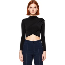Ersefa Moda Dik Yaka Örme Slim Düz Desen Şık Gece Crop Uzun Kol Bluz