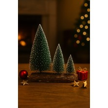 biton  3’lü mini kar efektli yılbaşı noel ağaç seti – ahşap kütük üzeri dekoratif mini çam ağaçları (16 – 11 – 10 cm)