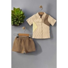 Dinamik çocuk Hakim Yaka Renk Bloklu Müslin Şortlu Tarz Alt Üst 2li Erkek Bebek Takım Pamuk+Müslin 6-9-12-18-24AY